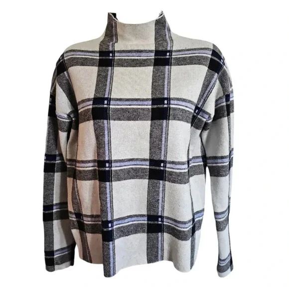 Tahari Plaid Mock Neck Sweater Womens Small Gray Blue Minimalist Cozy Classic - Picture 2 of 7